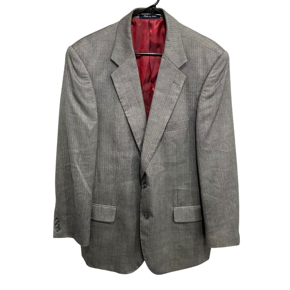 Alan Flusser Mens Gray Herringbone Blazer Jacket 44R Silk Worsted Wool Blend